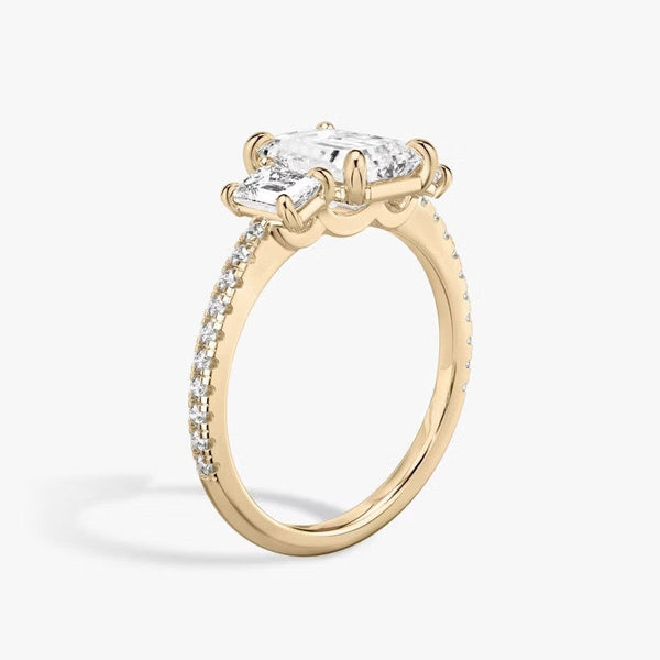 Three Stone Emerald Pavé Lab Diamond Engagement Ring
